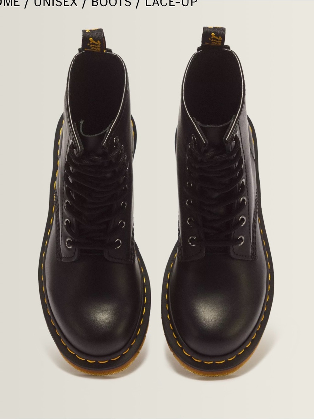De Martens 1460 Smooth Black Lace-Up Leather Boots with Yellow Stitching
